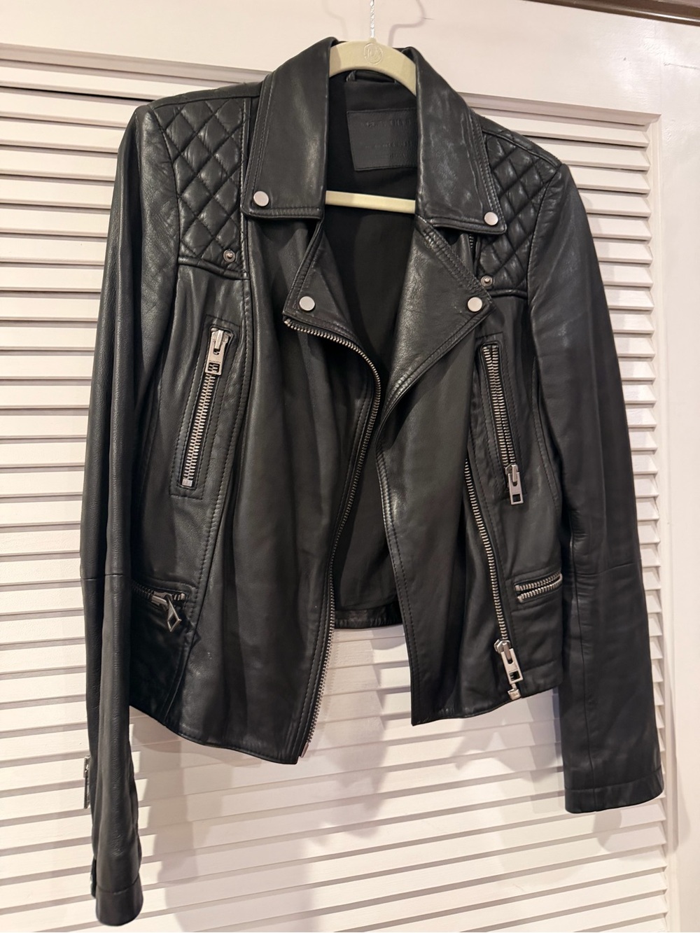 AllSaints Black Quilted-Shoulder Leather Moto Jacket